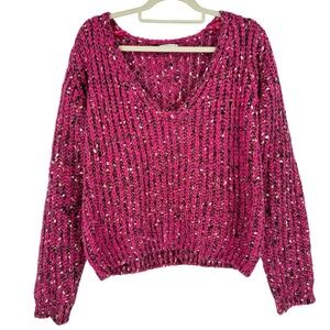 Gentle Fawn Chunky Knit V-Neck Sweater Pink Speckled Cozy Pullover Size M
